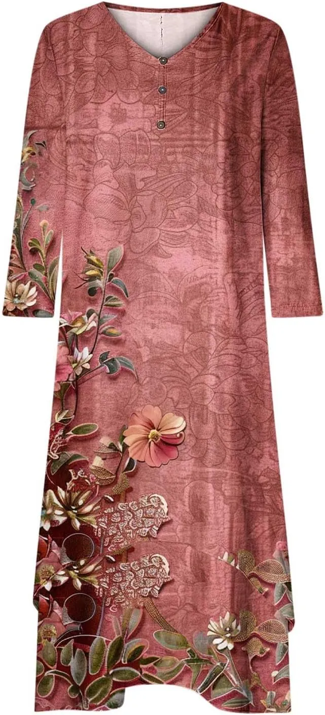 Summer Dresses for Women 2024 Vacation Plus Size 3/4 Sleeve Printed Dresses Button Down Irregular Ankle Length Dress