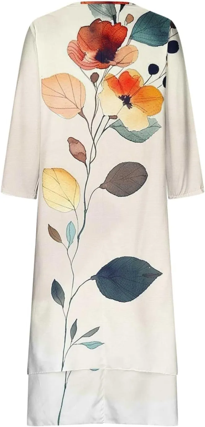 Summer Dresses for Women 2024 Vacation Plus Size 3/4 Sleeve Printed Dresses Button Down Irregular Ankle Length Dress
