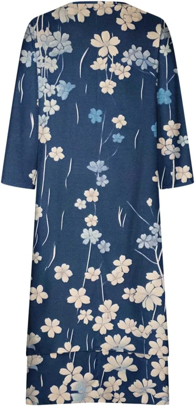 Summer Dresses for Women 2024 Vacation Plus Size 3/4 Sleeve Printed Dresses Button Down Irregular Ankle Length Dress
