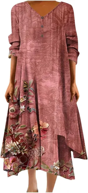 Summer Dresses for Women 2024 Vacation Plus Size 3/4 Sleeve Printed Dresses Button Down Irregular Ankle Length Dress