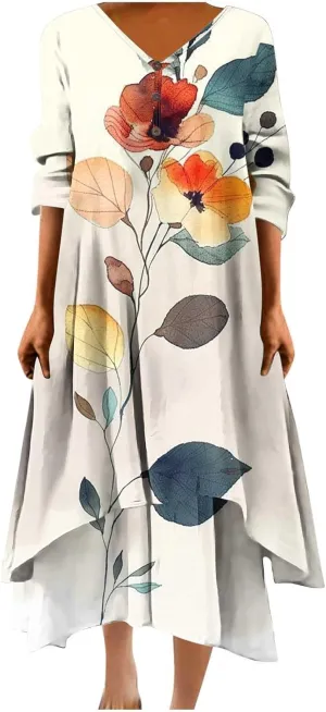 Summer Dresses for Women 2024 Vacation Plus Size 3/4 Sleeve Printed Dresses Button Down Irregular Ankle Length Dress