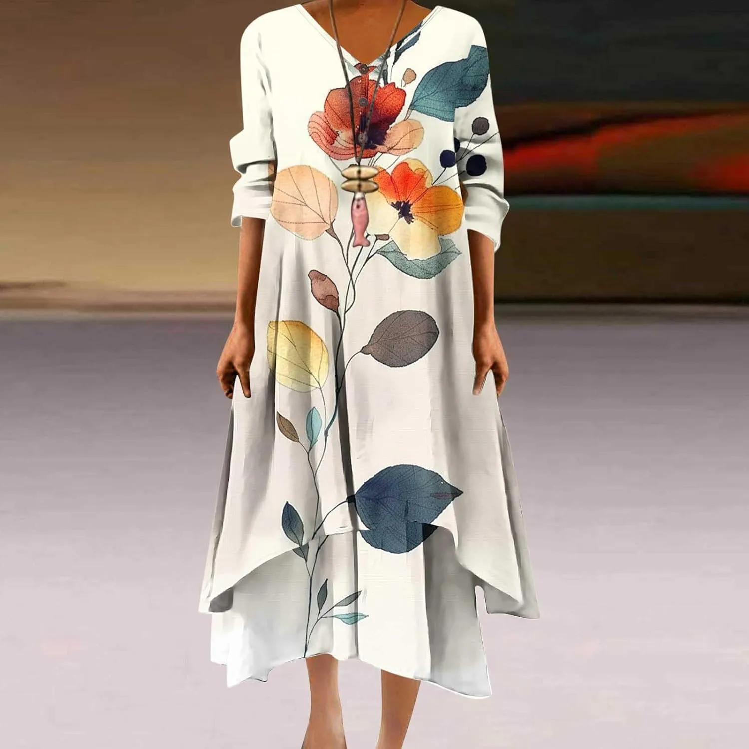 Summer Dresses for Women 2024 Vacation Plus Size 3/4 Sleeve Printed Dresses Button Down Irregular Ankle Length Dress