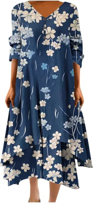 Summer Dresses for Women 2024 Vacation Plus Size 3/4 Sleeve Printed Dresses Button Down Irregular Ankle Length Dress