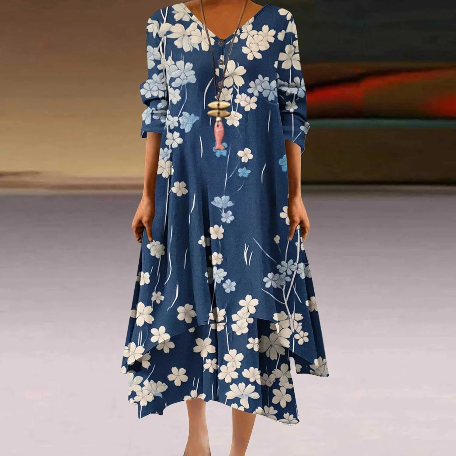 Summer Dresses for Women 2024 Vacation Plus Size 3/4 Sleeve Printed Dresses Button Down Irregular Ankle Length Dress