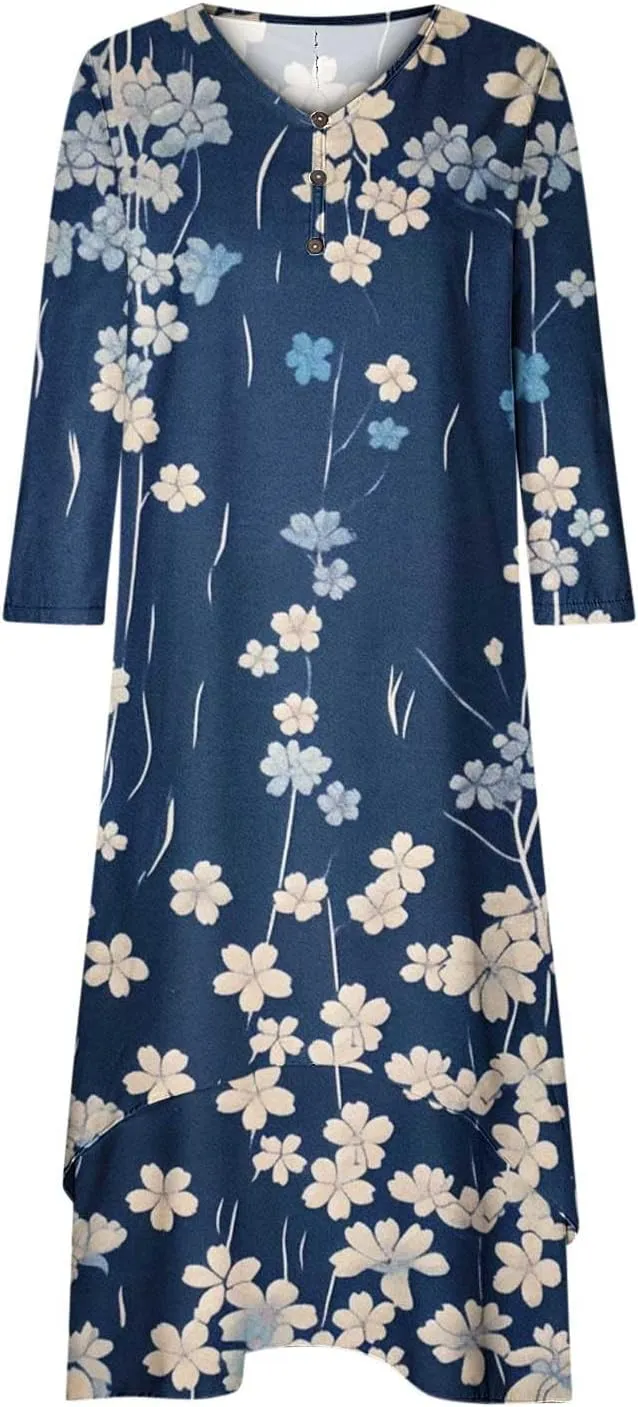 Summer Dresses for Women 2024 Vacation Plus Size 3/4 Sleeve Printed Dresses Button Down Irregular Ankle Length Dress