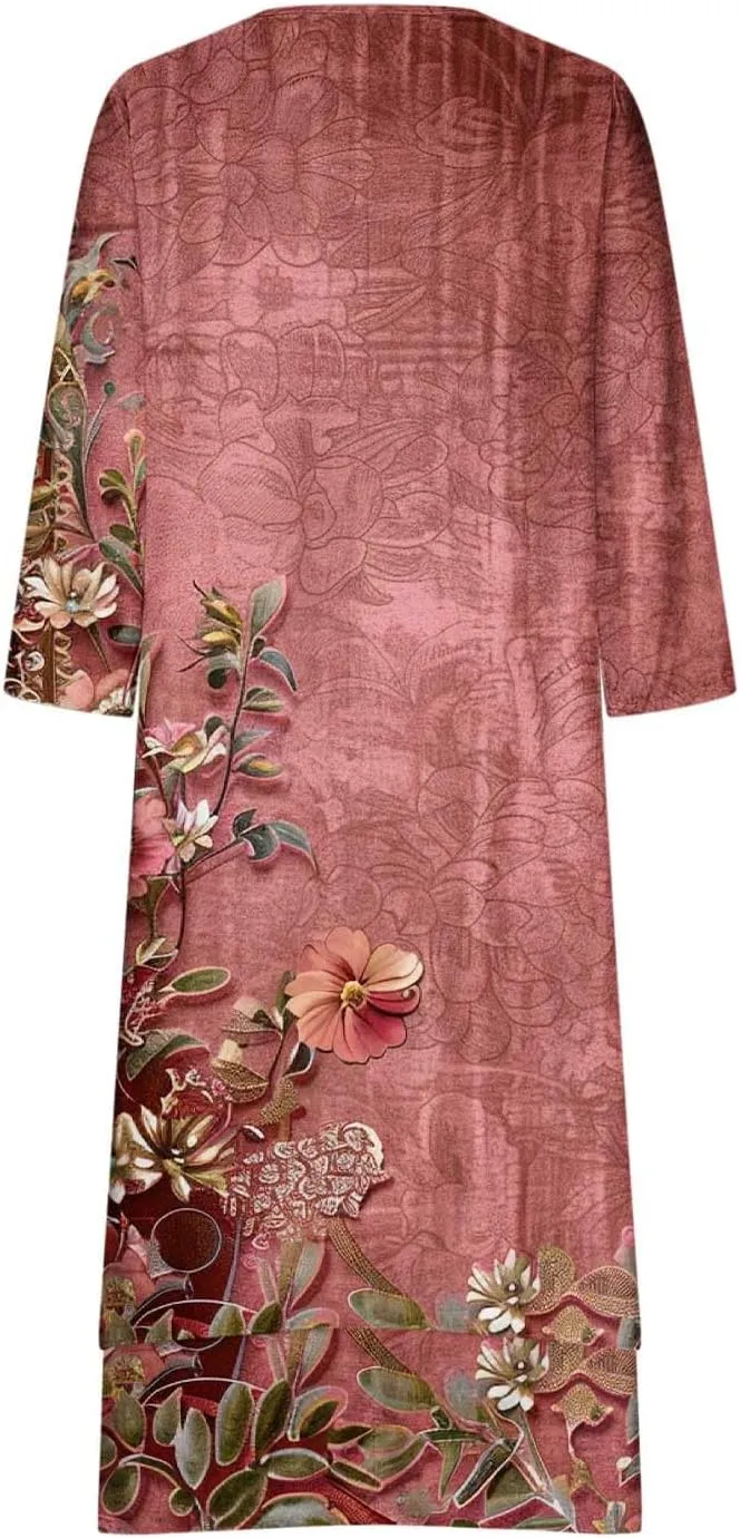 Summer Dresses for Women 2024 Vacation Plus Size 3/4 Sleeve Printed Dresses Button Down Irregular Ankle Length Dress