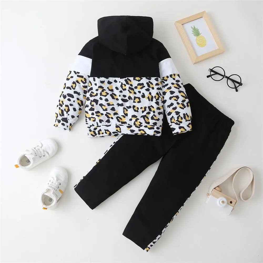 Unisex Fashion Leopard Long Sleeve Hooded Top & Pants Bulk Childrens Clothes