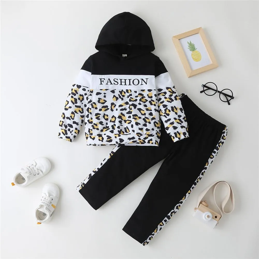 Unisex Fashion Leopard Long Sleeve Hooded Top & Pants Bulk Childrens Clothes