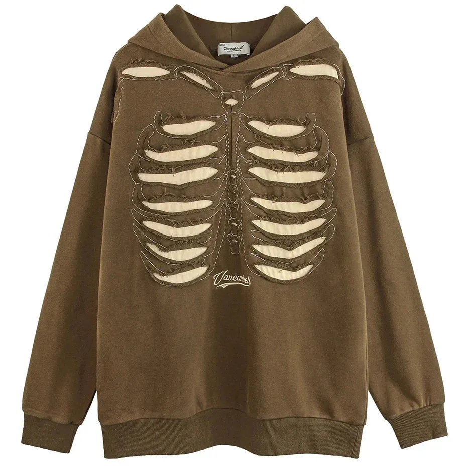 VANCARHELL Skeleton Ribcage Acid Wash Hoodie