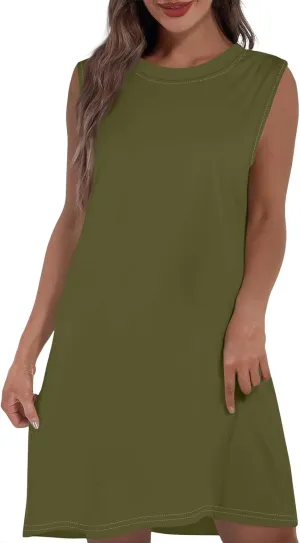 Women Crew Neck Sleeveless Sundress Printed Beach Vacation Pockets Dress 2025 Summer Casual Loose Mini Dresses