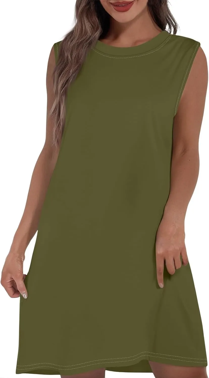 Women Crew Neck Sleeveless Sundress Printed Beach Vacation Pockets Dress 2025 Summer Casual Loose Mini Dresses