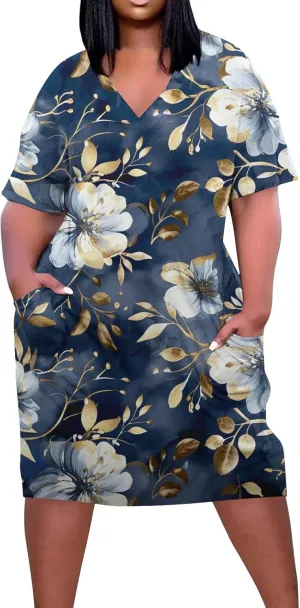 Women Oversized Dress Floral Printed V Neck Casual Tunic Dress Summer Short Sleeve Knee Length Midi Dresses Plus Size