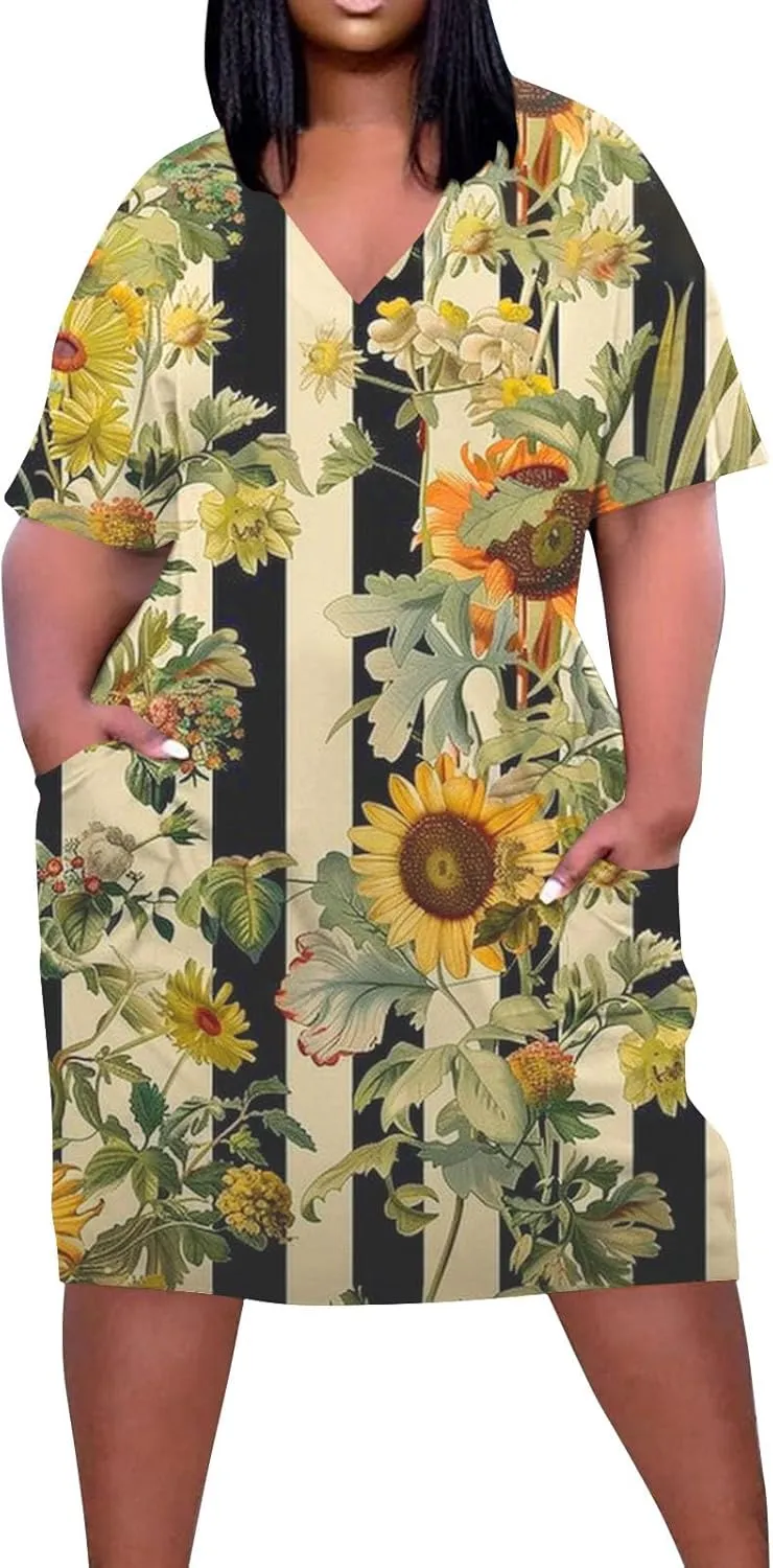 Women Oversized Dress Floral Printed V Neck Casual Tunic Dress Summer Short Sleeve Knee Length Midi Dresses Plus Size