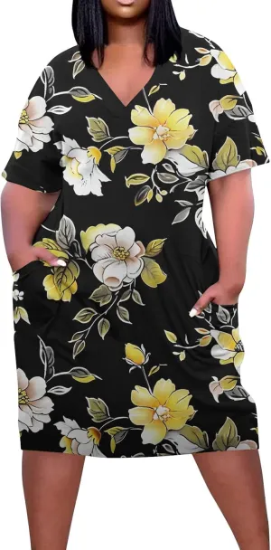 Women Oversized Dress Floral Printed V Neck Casual Tunic Dress Summer Short Sleeve Knee Length Midi Dresses Plus Size