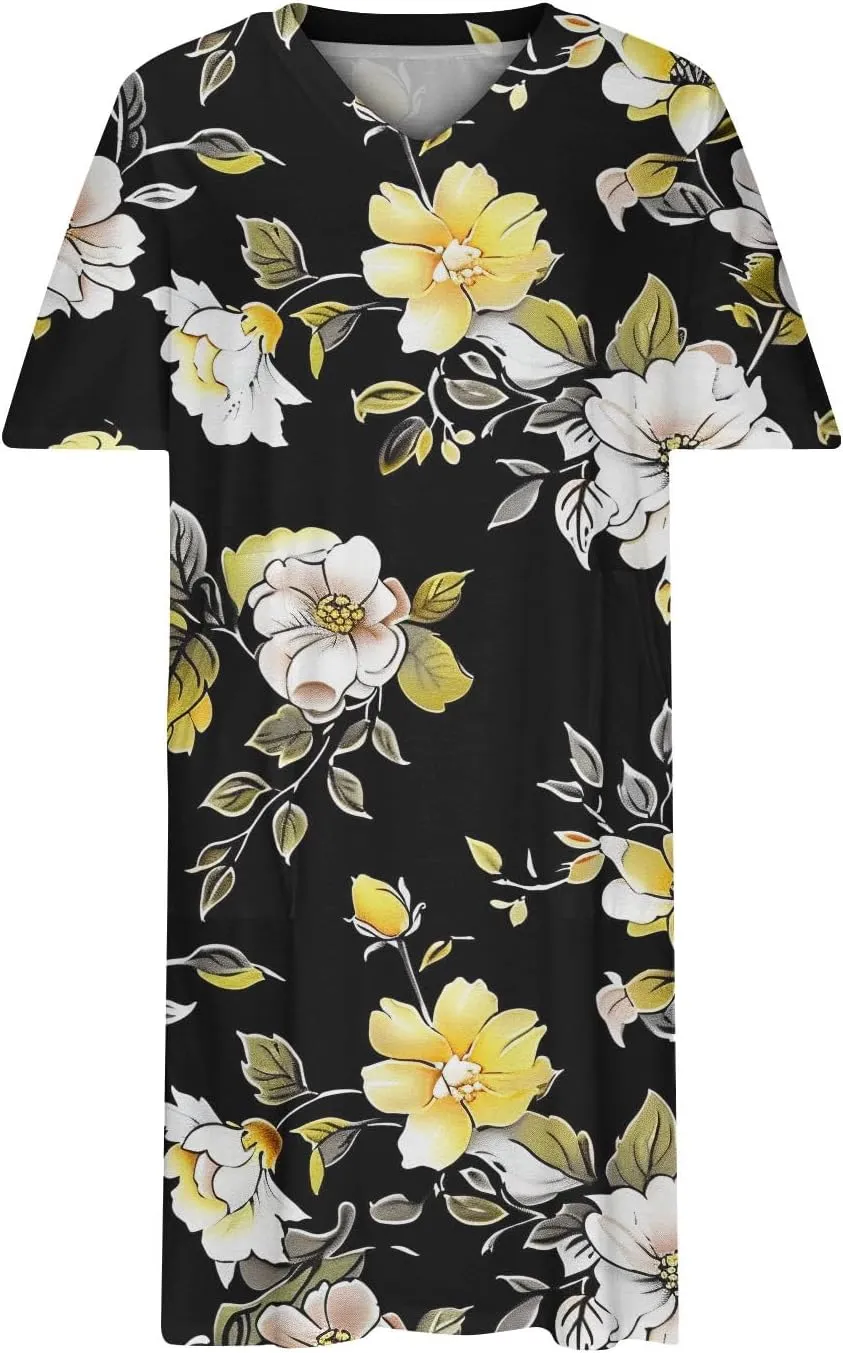 Women Oversized Dress Floral Printed V Neck Casual Tunic Dress Summer Short Sleeve Knee Length Midi Dresses Plus Size