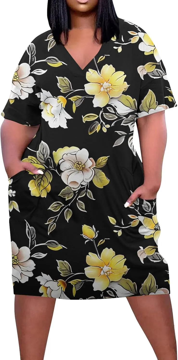 Women Oversized Dress Floral Printed V Neck Casual Tunic Dress Summer Short Sleeve Knee Length Midi Dresses Plus Size