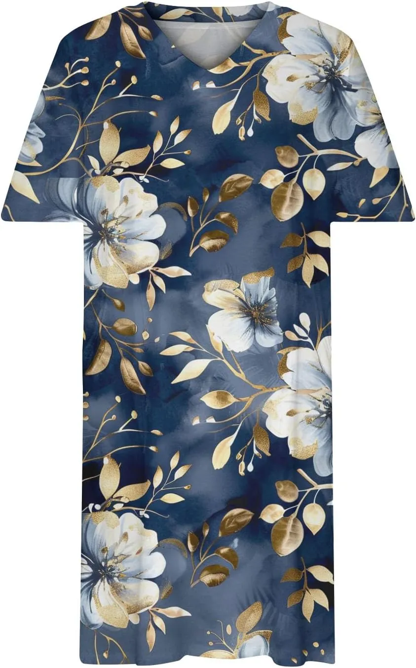 Women Oversized Dress Floral Printed V Neck Casual Tunic Dress Summer Short Sleeve Knee Length Midi Dresses Plus Size