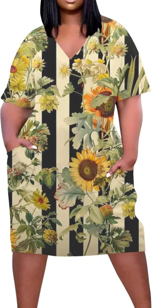 Women Oversized Dress Floral Printed V Neck Casual Tunic Dress Summer Short Sleeve Knee Length Midi Dresses Plus Size