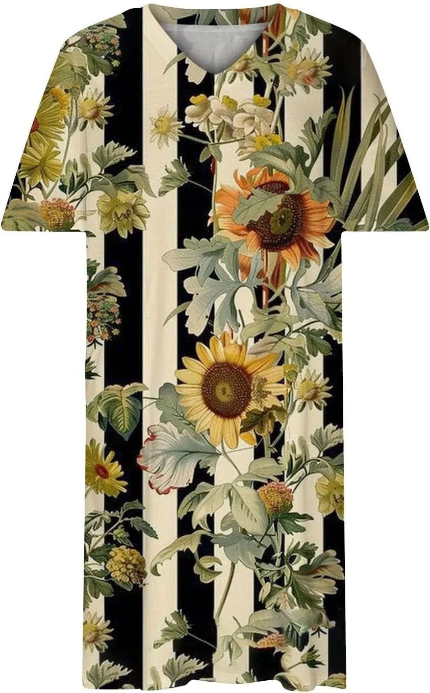 Women Oversized Dress Floral Printed V Neck Casual Tunic Dress Summer Short Sleeve Knee Length Midi Dresses Plus Size