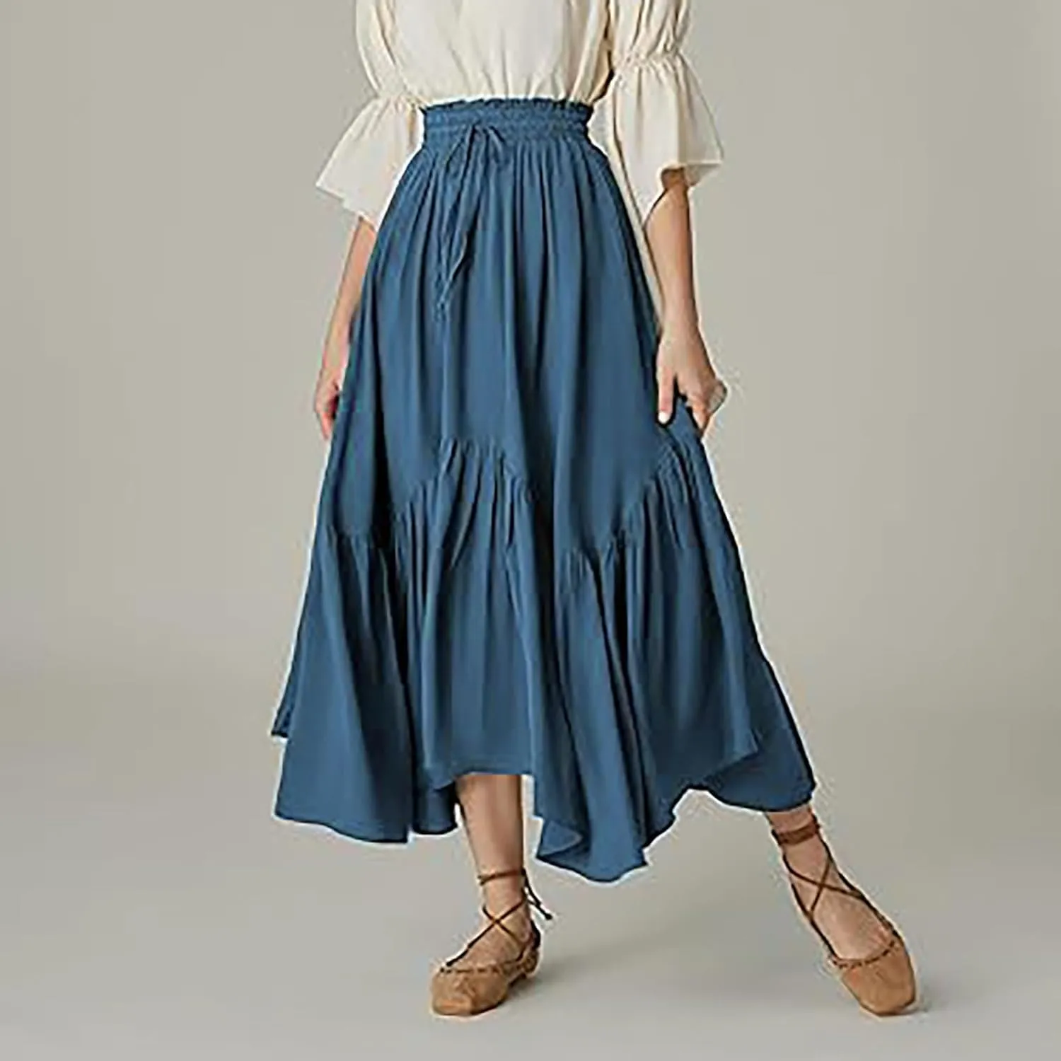 Women Renaissance Midi Skirts Vintage Drawstring High Waist A-Line Skirts Flowy Medieval Pirate Peasant Long Skirt