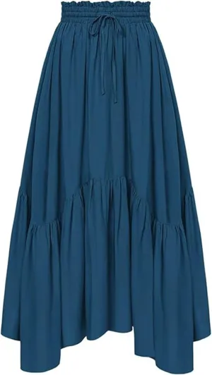 Women Renaissance Midi Skirts Vintage Drawstring High Waist A-Line Skirts Flowy Medieval Pirate Peasant Long Skirt