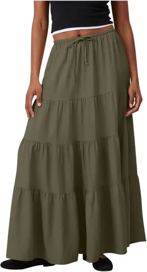 Womens Boho Maxi Skirt Solid Ruffle Swing Elastic High Waisted Pleated Flowy Skirts 2025 Trendy Summer Beach Skorts