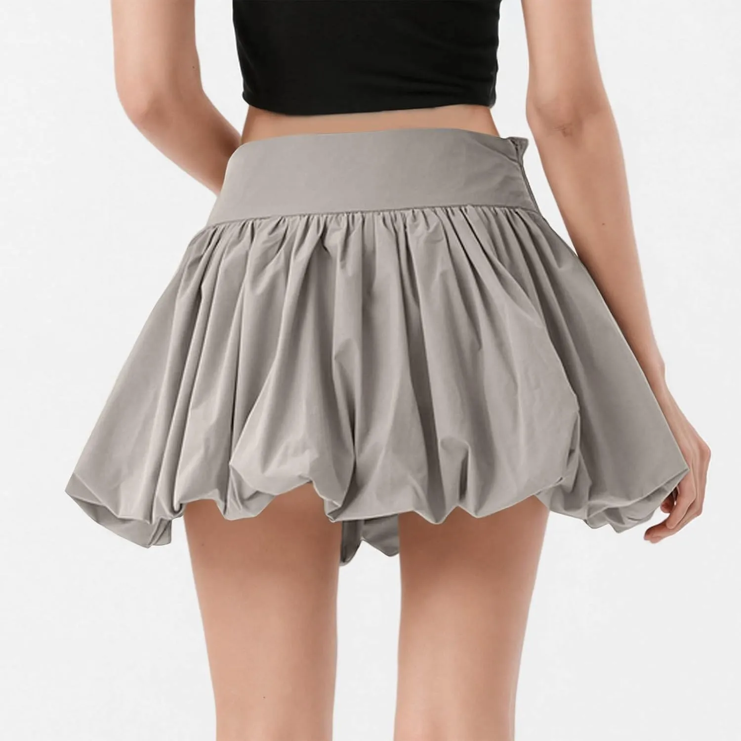 Womens Bubble Mini Skirt Y2k Solid Color Ruffle Hem Pleated Short Puffball Balloon Short Skirts Party Clubwear