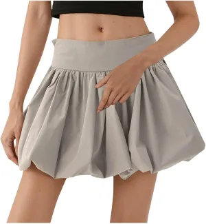 Womens Bubble Mini Skirt Y2k Solid Color Ruffle Hem Pleated Short Puffball Balloon Short Skirts Party Clubwear