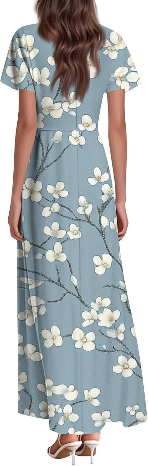 Women's Casual Dresses Summer Loose Trendy Short Sleeve V-Neck Floral Printed Sun Beach Maxi Dress, XS-2XL