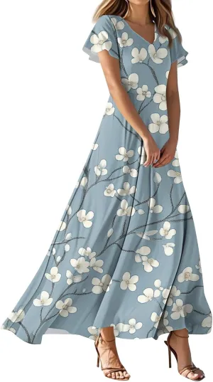 Women's Casual Dresses Summer Loose Trendy Short Sleeve V-Neck Floral Printed Sun Beach Maxi Dress, XS-2XL