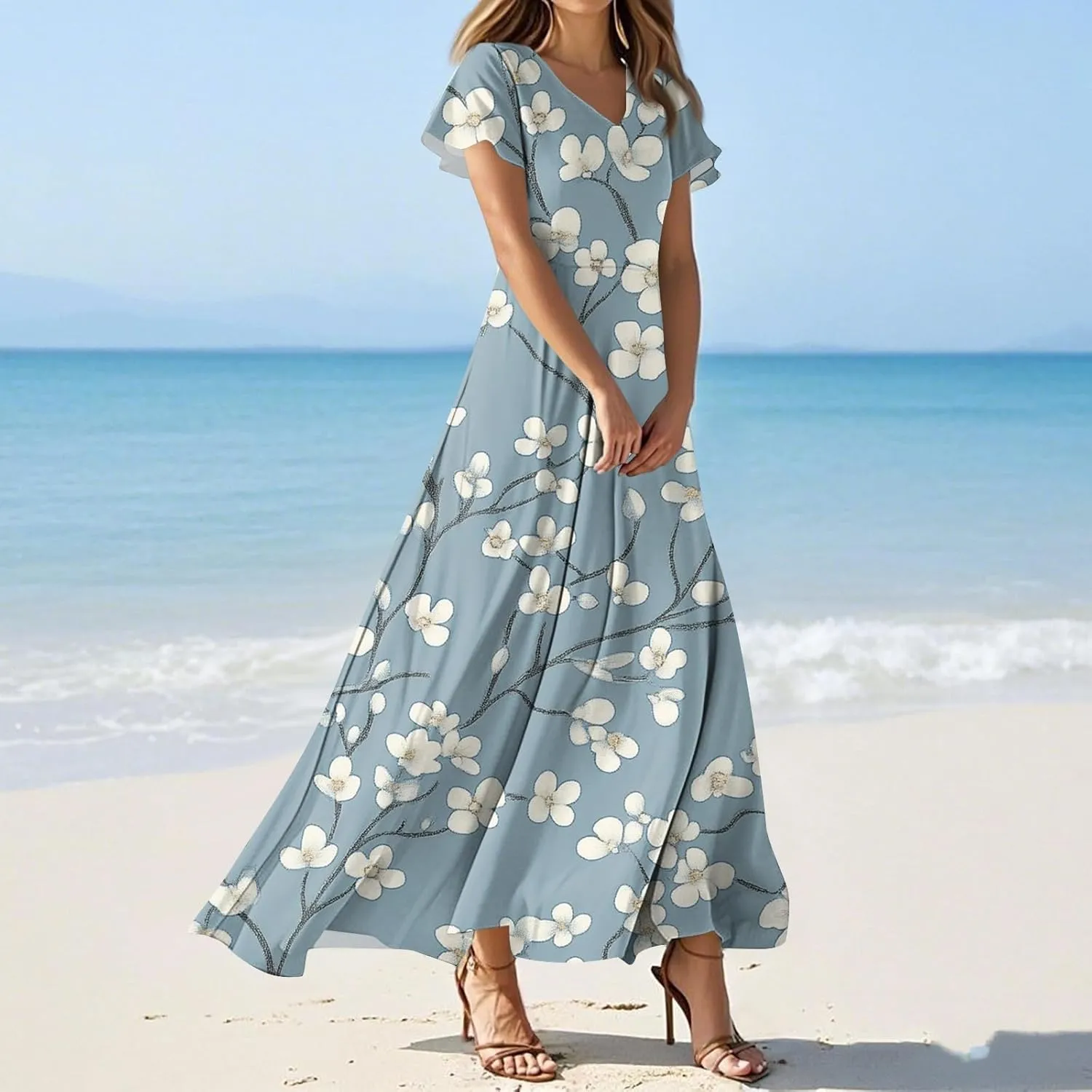 Women's Casual Dresses Summer Loose Trendy Short Sleeve V-Neck Floral Printed Sun Beach Maxi Dress, XS-2XL