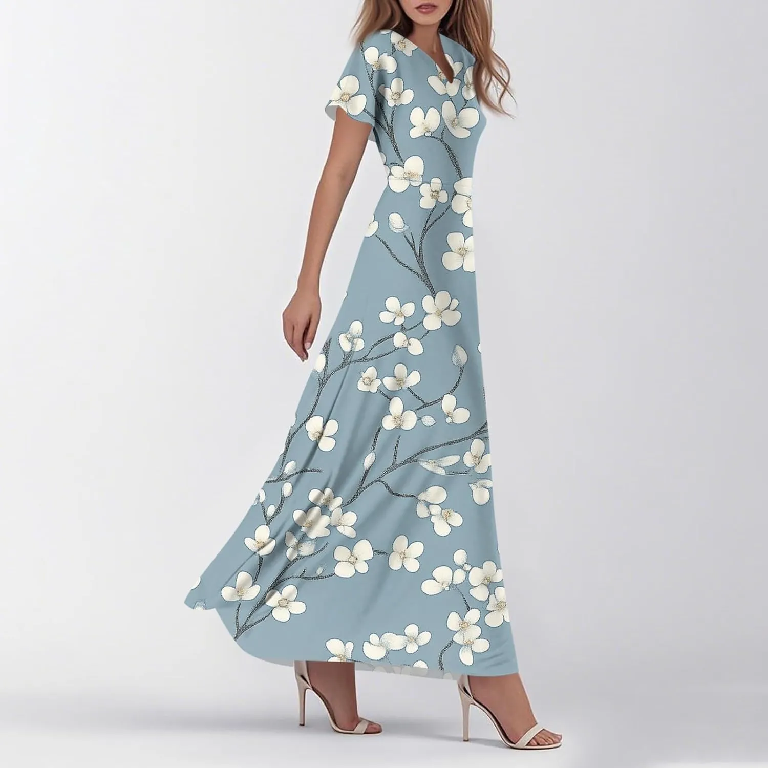Women's Casual Dresses Summer Loose Trendy Short Sleeve V-Neck Floral Printed Sun Beach Maxi Dress, XS-2XL