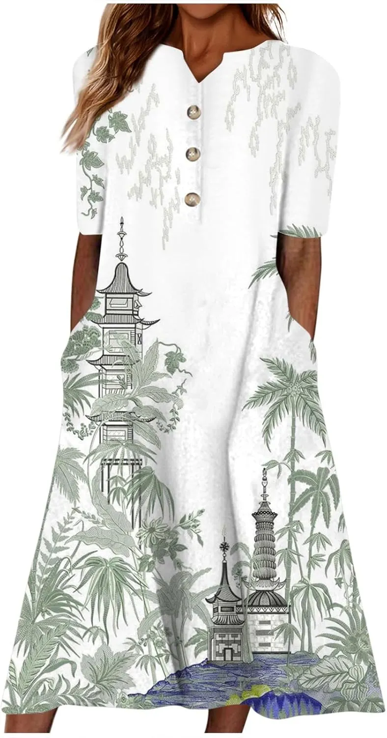 Womens Casual Printed Dresses V Neck Fashion Short Sleeve 2025 Sexy Swing Summer Dressy Daily Party Dress