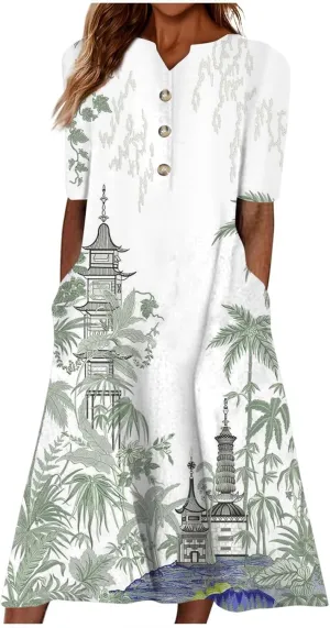 Womens Casual Printed Dresses V Neck Fashion Short Sleeve 2025 Sexy Swing Summer Dressy Daily Party Dress