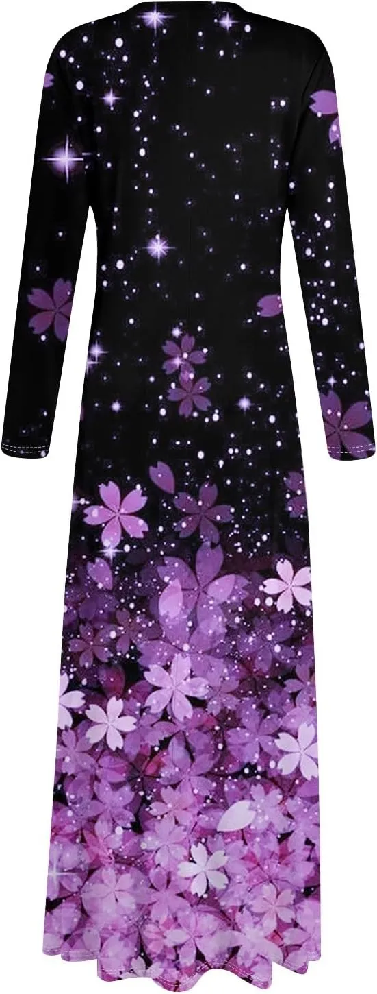 Womens Dresses for Wedding Guest 2025 Summer Long Sleeve V Neck Printed Maxi Dresses Casual Slim Fit Tunic Dress