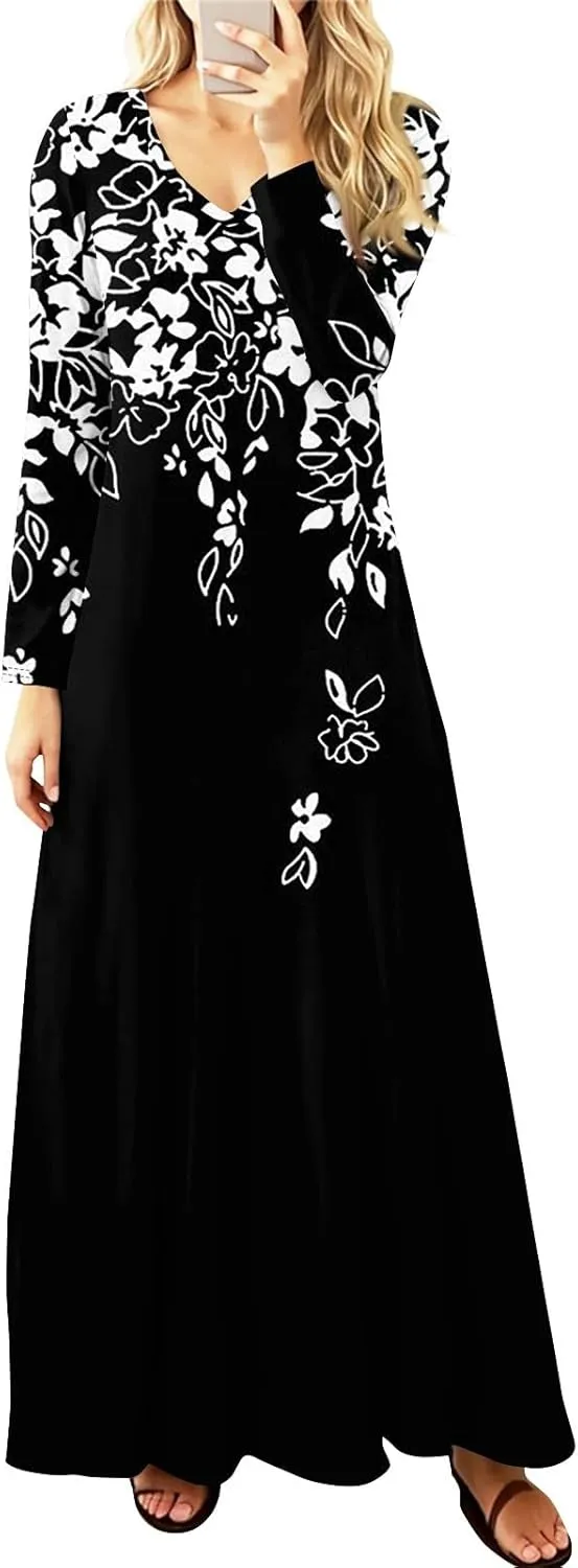 Womens Dresses for Wedding Guest 2025 Summer Long Sleeve V Neck Printed Maxi Dresses Casual Slim Fit Tunic Dress