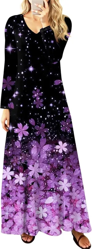 Womens Dresses for Wedding Guest 2025 Summer Long Sleeve V Neck Printed Maxi Dresses Casual Slim Fit Tunic Dress