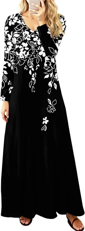Womens Dresses for Wedding Guest 2025 Summer Long Sleeve V Neck Printed Maxi Dresses Casual Slim Fit Tunic Dress