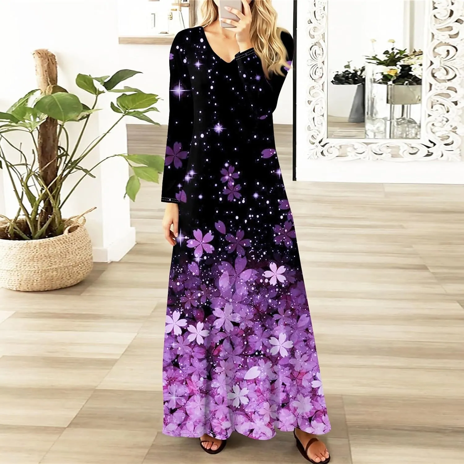 Womens Dresses for Wedding Guest 2025 Summer Long Sleeve V Neck Printed Maxi Dresses Casual Slim Fit Tunic Dress