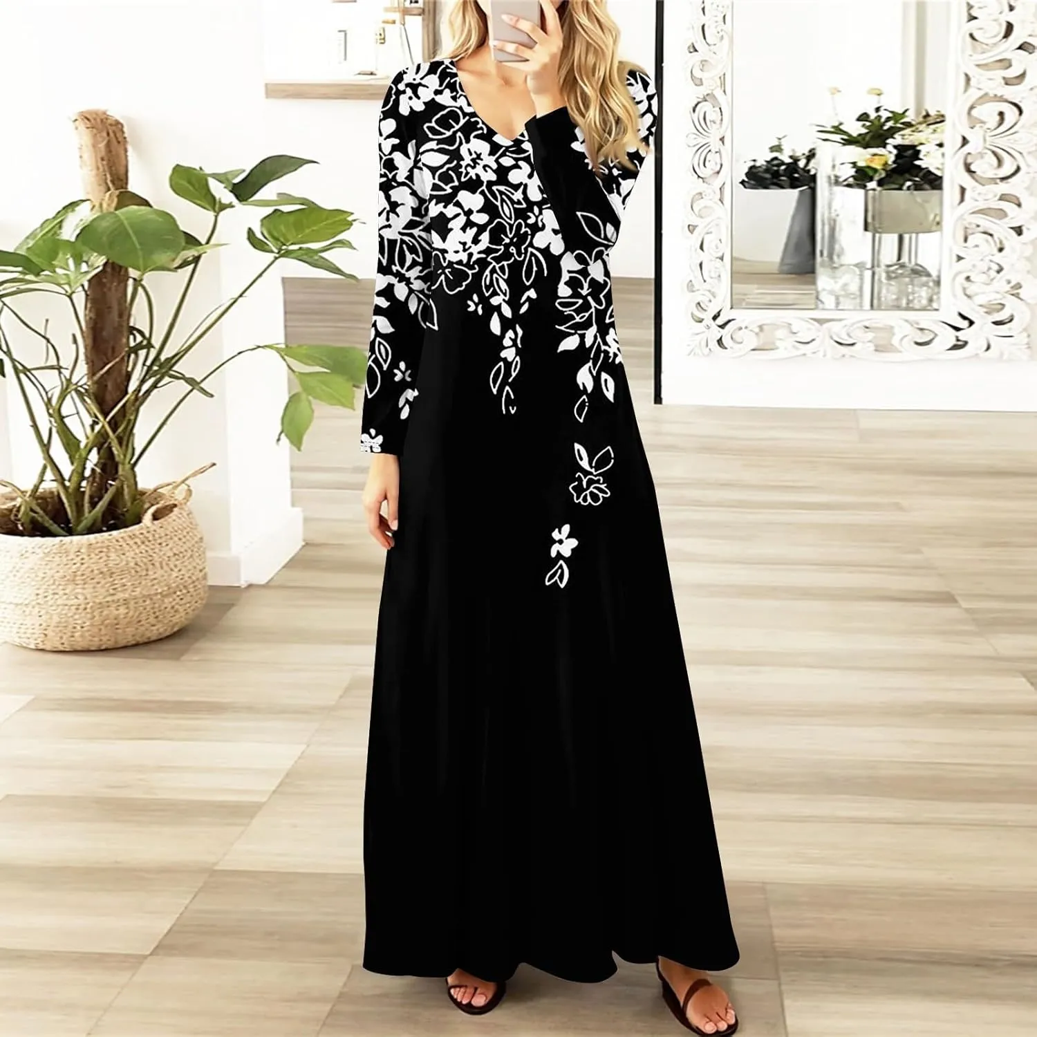 Womens Dresses for Wedding Guest 2025 Summer Long Sleeve V Neck Printed Maxi Dresses Casual Slim Fit Tunic Dress