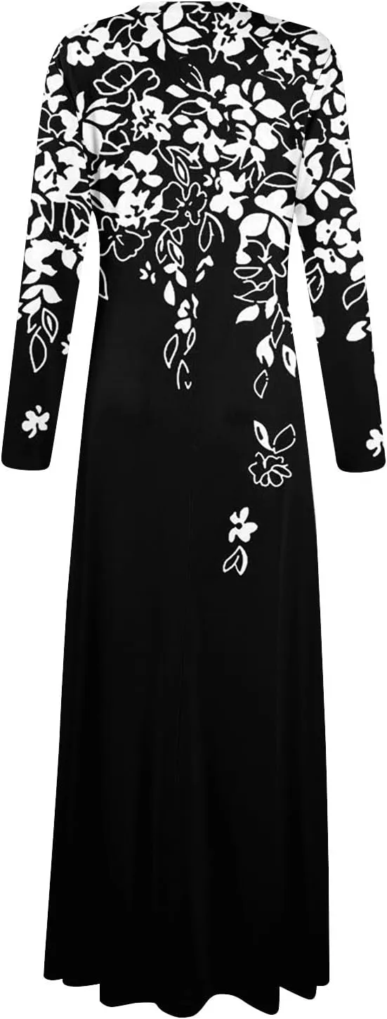 Womens Dresses for Wedding Guest 2025 Summer Long Sleeve V Neck Printed Maxi Dresses Casual Slim Fit Tunic Dress