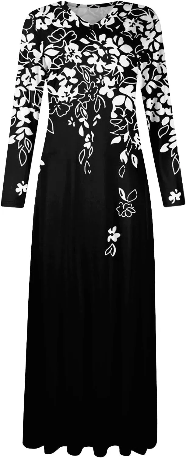 Womens Dresses for Wedding Guest 2025 Summer Long Sleeve V Neck Printed Maxi Dresses Casual Slim Fit Tunic Dress