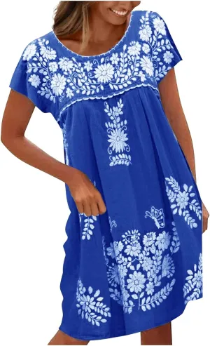Women's Dresses Summer Casual Loose Printed Dress 2024 Swing Round Neck Short Sleeve Dresses Plus Size, S-5XL
