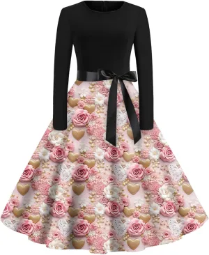 Women's Fashion Round Neck Casual Slim Valentine's Day Printed Long Sleeve Dresses Fashion