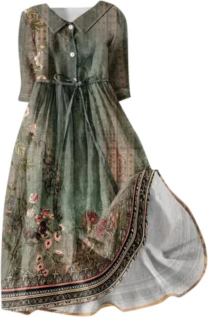 Women's Midi Dresses 2025 Summer Loose Trendy 3/4 Sleeve Button Vintage Floral Printed Boho Sun Dress Plus Size, S-3XL