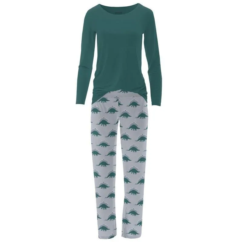 Women's Print Bamboo Long Sleeve Loosey Goosey Tee & Pajama Pants Set - Pearl Blue Menorahsaurus