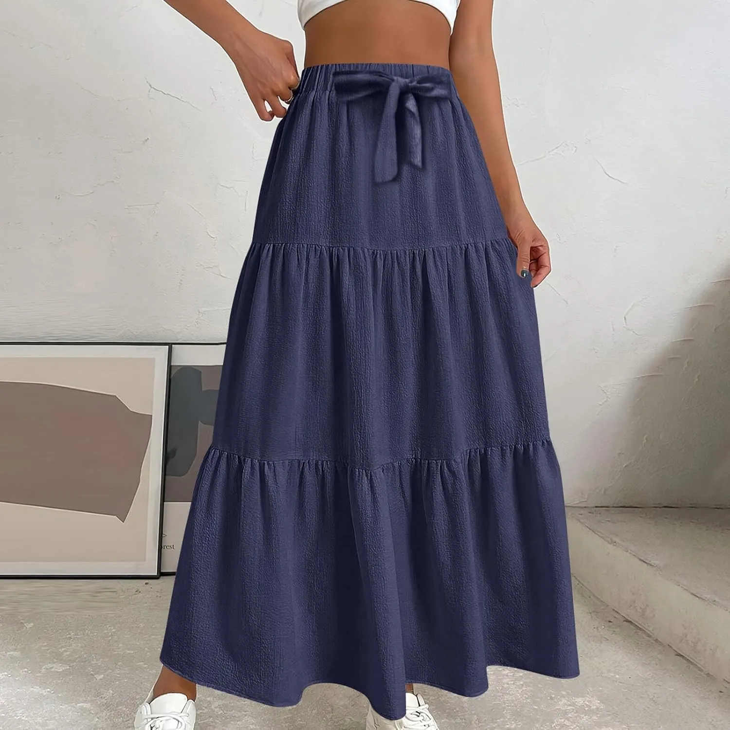 Womens Ruffle Maxi Skirts High Waist Elastic Layered Pleated Long Skirt Summer Casual Flowy Skirts with Drawstring