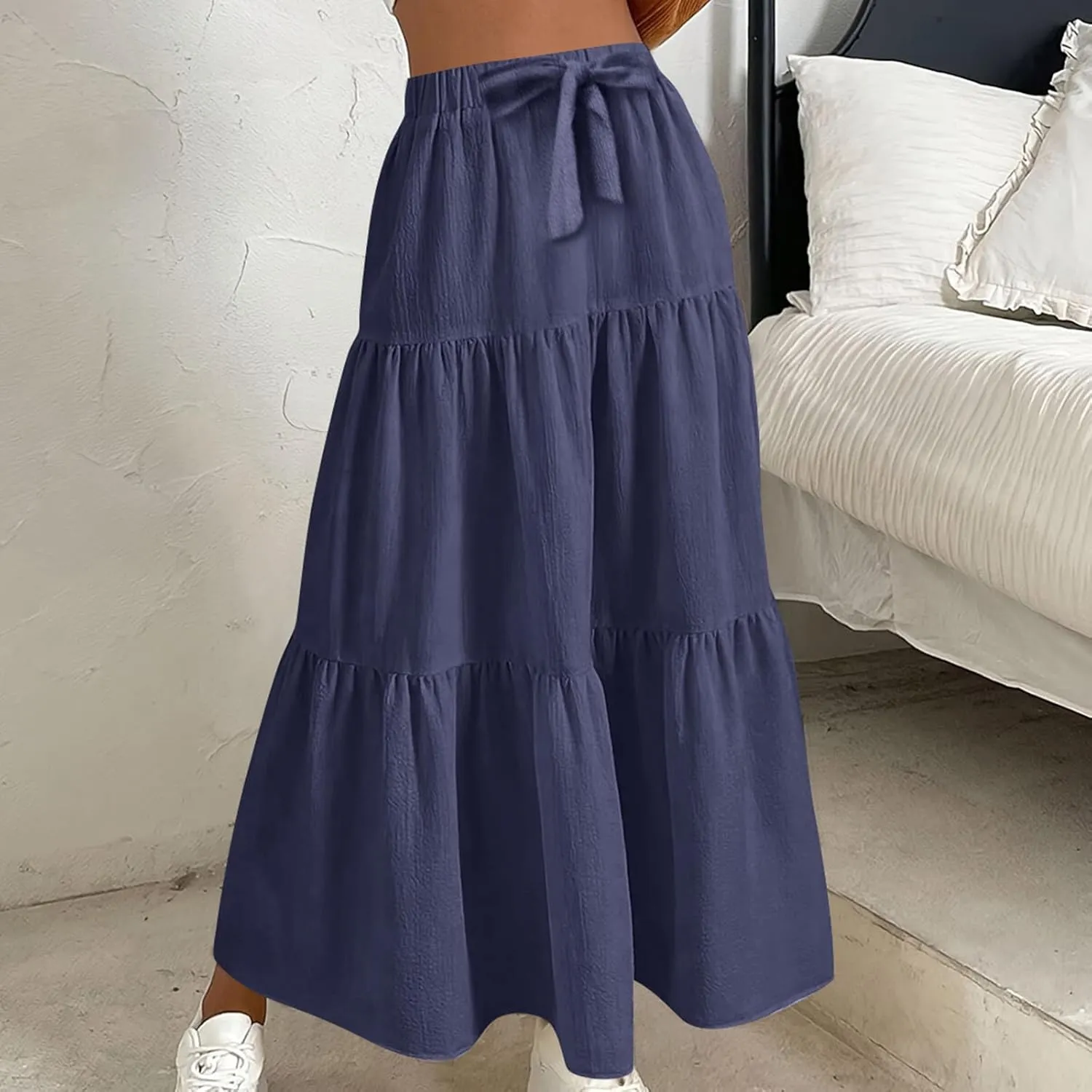 Womens Ruffle Maxi Skirts High Waist Elastic Layered Pleated Long Skirt Summer Casual Flowy Skirts with Drawstring