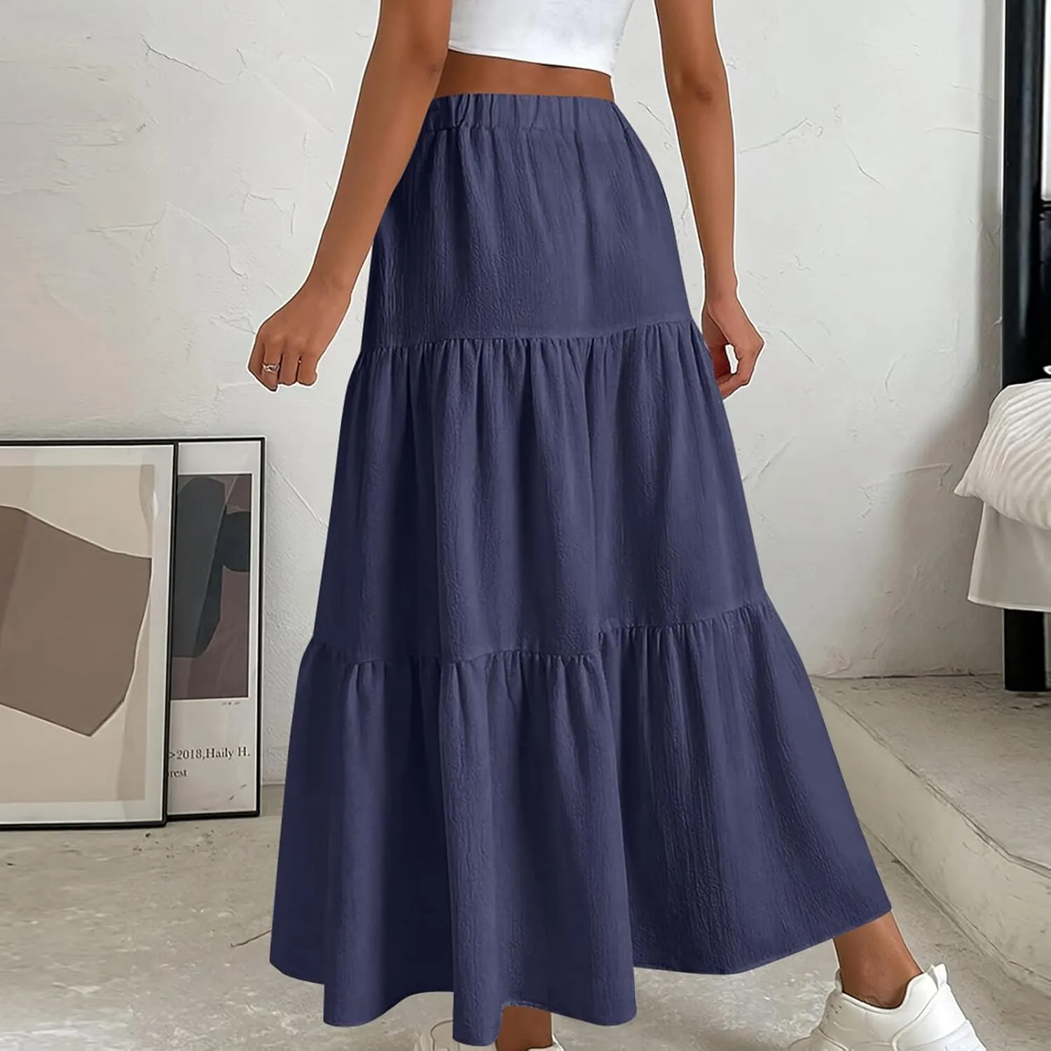Womens Ruffle Maxi Skirts High Waist Elastic Layered Pleated Long Skirt Summer Casual Flowy Skirts with Drawstring