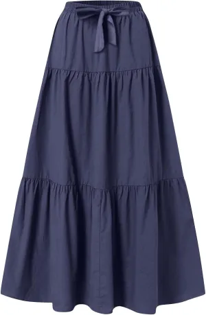 Womens Ruffle Maxi Skirts High Waist Elastic Layered Pleated Long Skirt Summer Casual Flowy Skirts with Drawstring